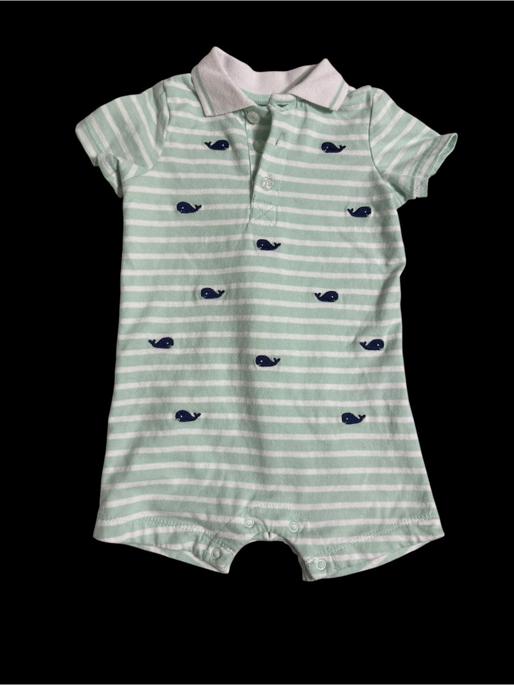 Little Me Mint & White Striped Polo Whale One-Piece Bodysuit